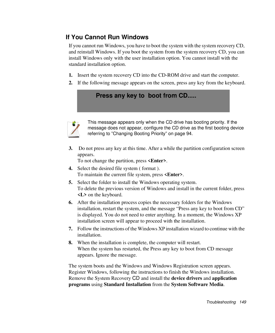 Samsung NP-Q35-BT1/SEK, NP-Q35BC01/SEK, NP-Q35C000/SEB manual If You Cannot Run Windows, Press any key to boot from CD 