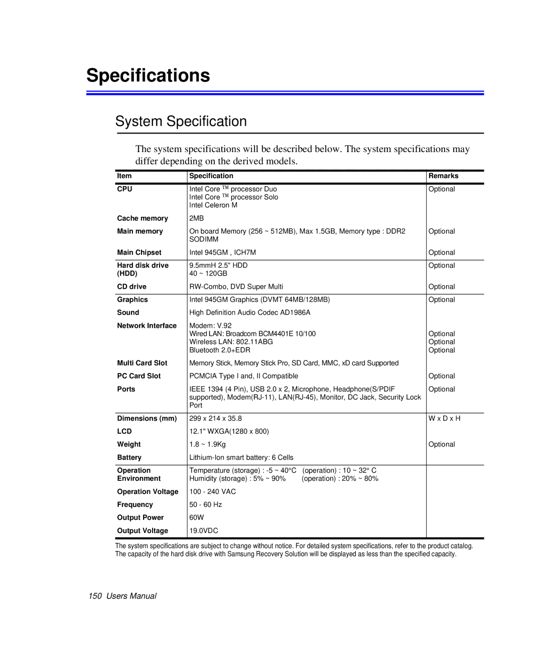 Samsung NP-Q35BC01/SEK, NP-Q35-BT1/SEK, NP-Q35C000/SEB manual Specifications, System Specification 