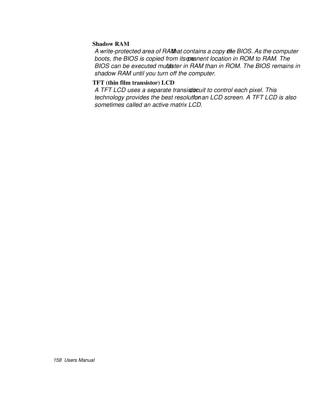 Samsung NP-Q35-BT1/SEK, NP-Q35BC01/SEK, NP-Q35C000/SEB manual Shadow RAM, TFT thin film transistor LCD 