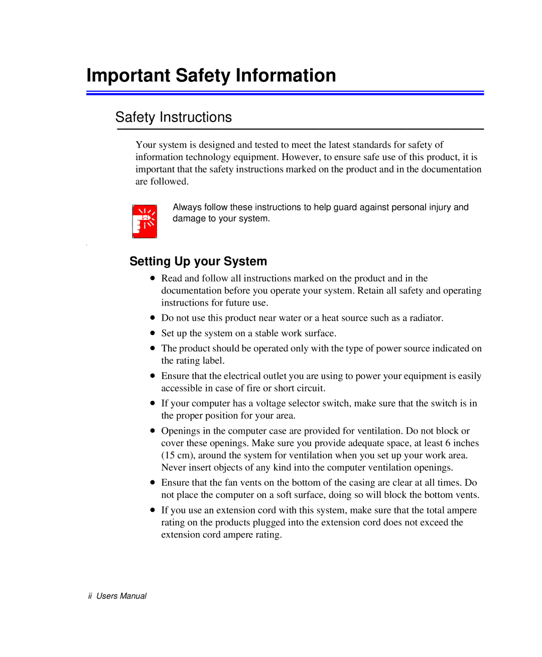 Samsung NP-Q35C000/SEB, NP-Q35-BT1/SEK, NP-Q35BC01/SEK manual Safety Instructions, Setting Up your System 