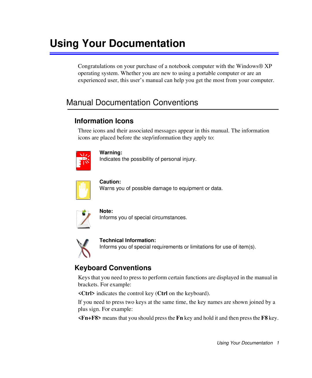 Samsung NP-Q35C000/SEB Manual Documentation Conventions, Information Icons, Keyboard Conventions, Technical Information 