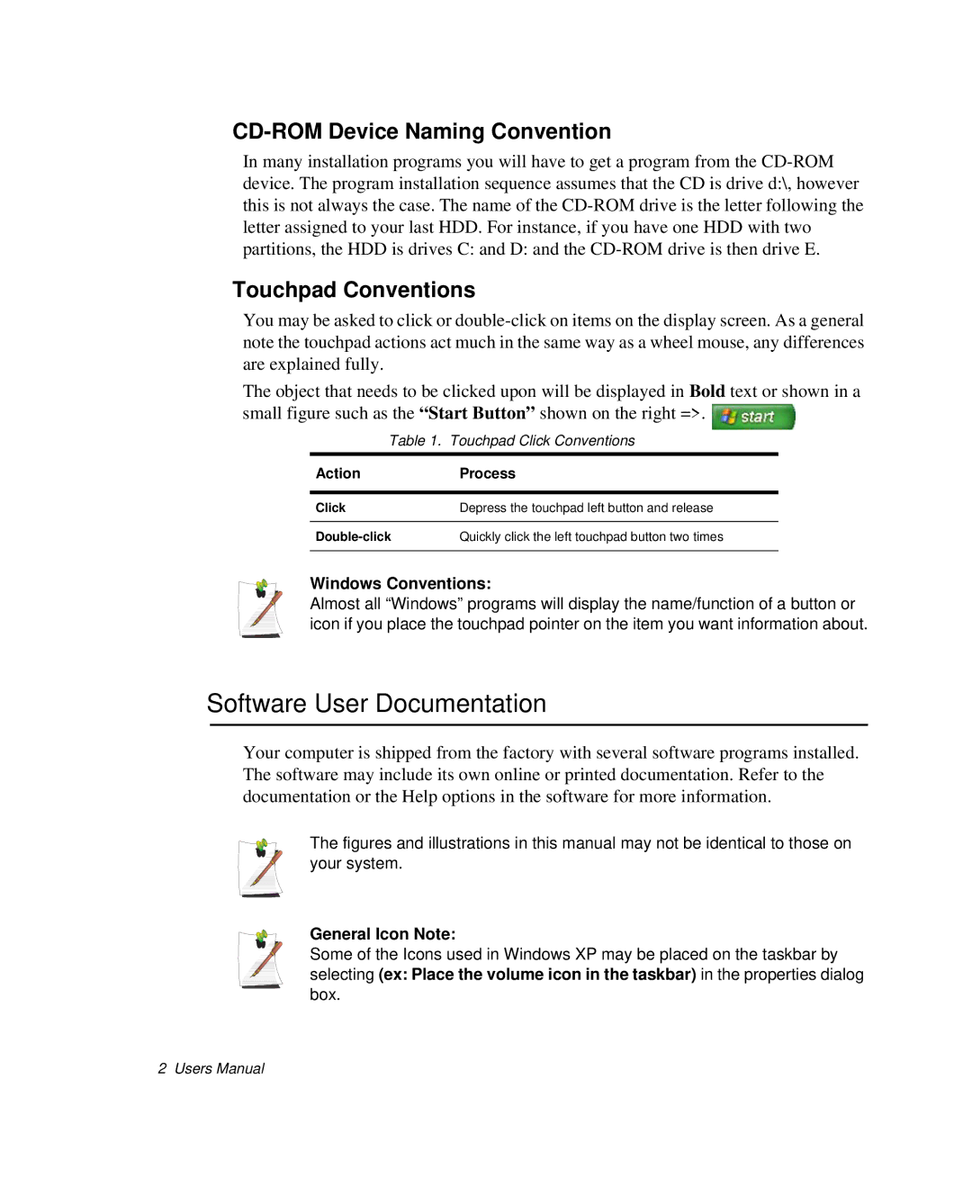 Samsung NP-Q35-BT1/SEK, NP-Q35BC01/SEK Software User Documentation, CD-ROM Device Naming Convention, Touchpad Conventions 