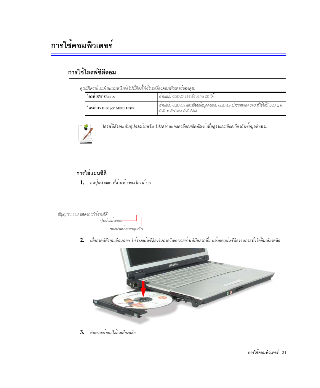 Samsung NP-Q35BC01/SEK manual ¡ÒÃãÊèá¼è¹«Õ´Õ, ΜÍÃì¢Í§¤Ø³, ¡´»ØèÁ¹ÓÍÍ¡ ·Õè´éÒ¹¢éÒ§¢Í§ä´Ã¿ìCD, ´Ñ¹¶Ò´à¢éÒ¨¹ä´éÂÔ¹àÊÕÂ§¤ÅÔ¡ 