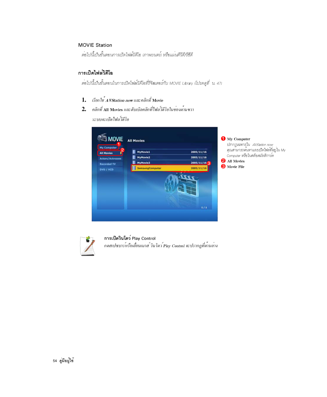 Samsung NP-Q35BC01/SEK, NP-Q35-BT1/SEK, NP-Q35C000/SEB manual Movie Station, ¡ÒÃà»Ô´ÇÔ¹â´ÇìPlay Control 