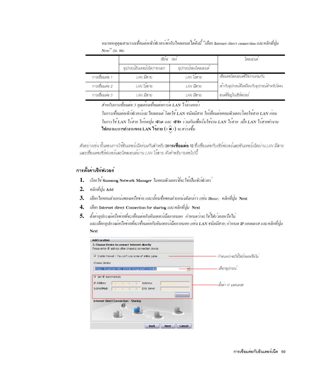 Samsung NP-Q35BC01/SEK manual ¡ÒÃμ§¤èÒà«ÔÃì¿àÇÍÃìéÑ, Next ¹, ÊÓËÃÑº¡ÒÃàª×èÍÁμèÍ 3 ¤Ø³μéÍ§àª×èÍÁμèÍ¡ÒÃì´ LAN äÇéÅèÇ§Ë¹éÒ 