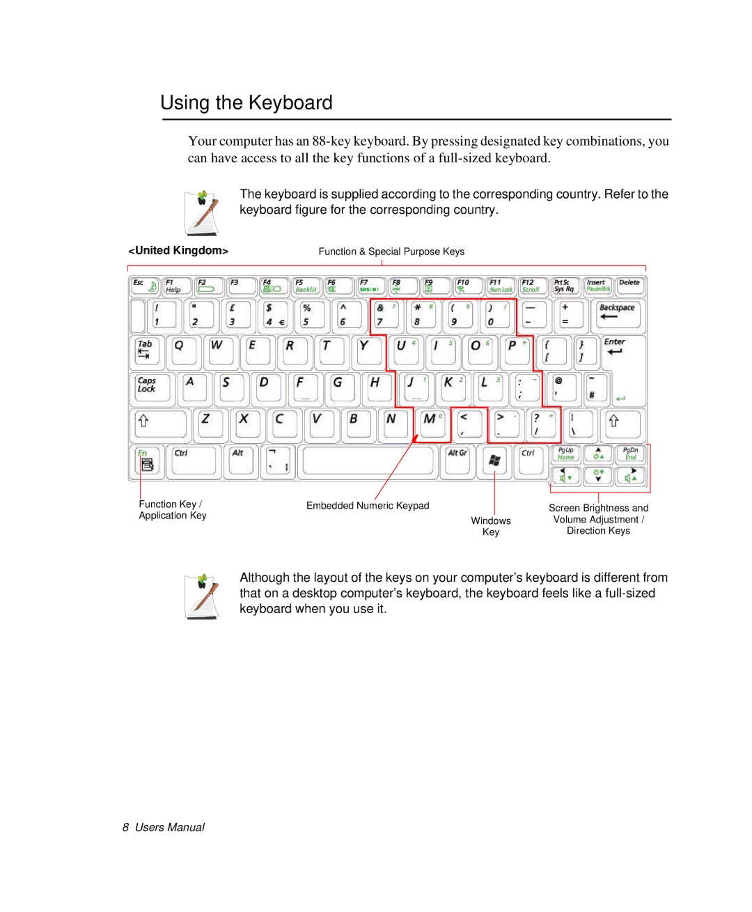 Samsung NP-Q35-BT1/SEK, NP-Q35BC01/SEK, NP-Q35C000/SEB manual Using the Keyboard, United Kingdom 