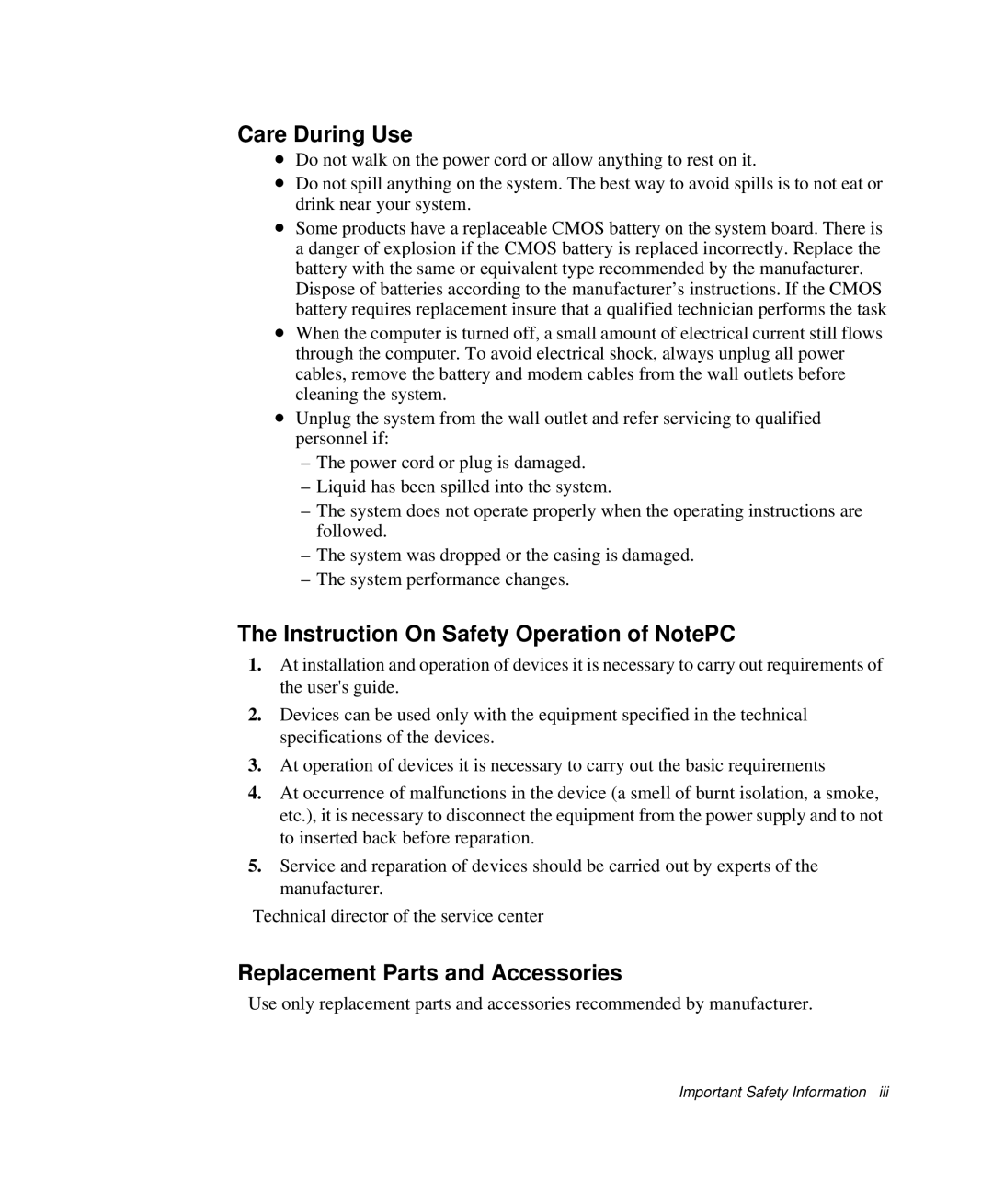 Samsung NP-Q35-BT1/SEK manual Care During Use, Instruction On Safety Operation of NotePC, Replacement Parts and Accessories 