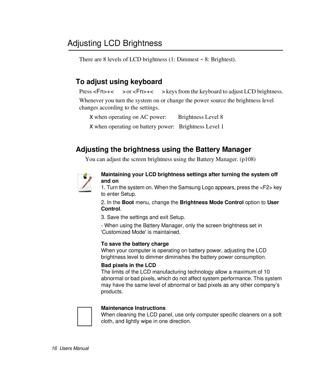 Samsung NP-Q35C000/SEB, NP-Q35-BT1/SEK, NP-Q35BC01/SEK manual Adjusting LCD Brightness, To adjust using keyboard 