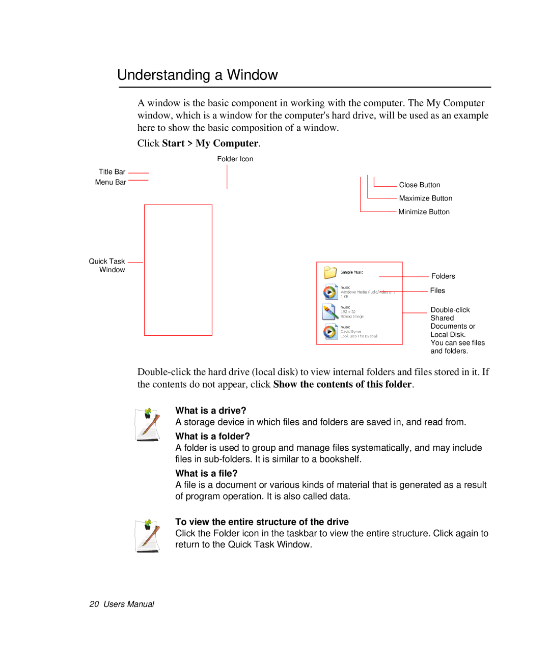 Samsung NP-Q35-BT1/SEK, NP-Q35BC01/SEK, NP-Q35C000/SEB manual Understanding a Window, Click Start My Computer 