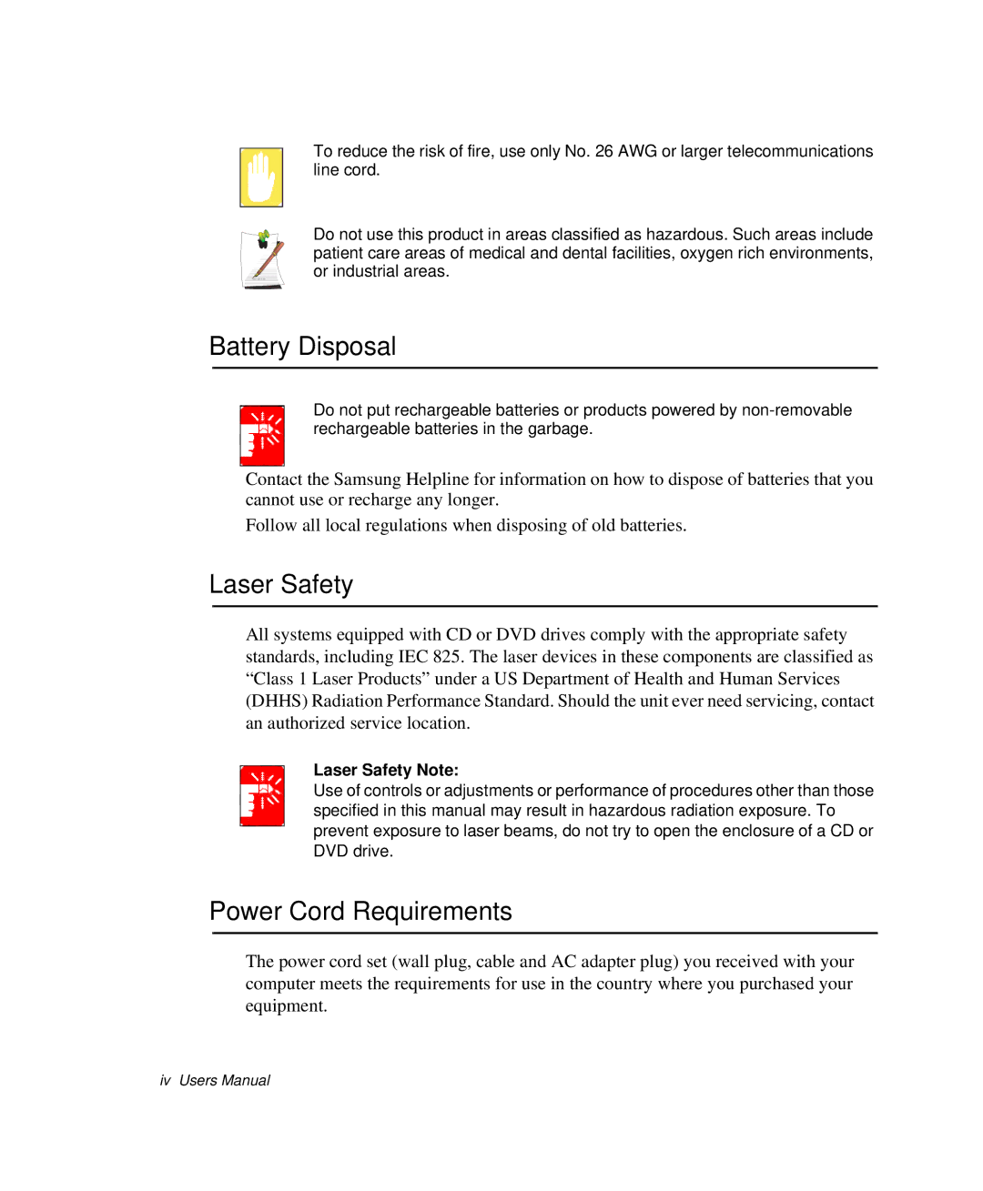 Samsung NP-Q35BC01/SEK, NP-Q35-BT1/SEK, NP-Q35C000/SEB Battery Disposal, Power Cord Requirements, Laser Safety Note 