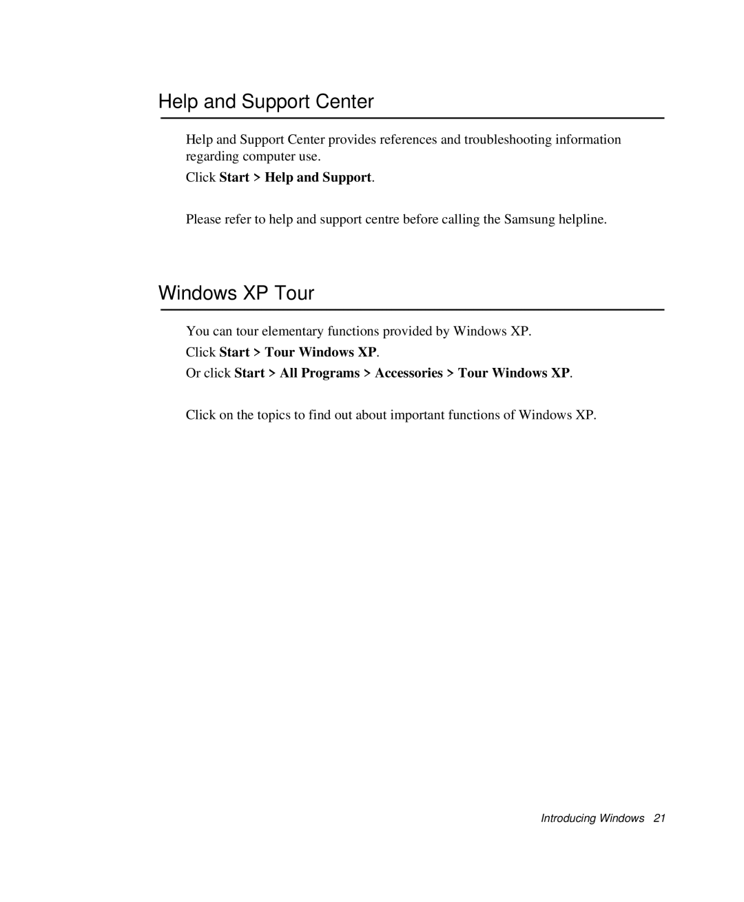 Samsung NP-Q35BC01/SEK, NP-Q35-BT1/SEK manual Help and Support Center, Windows XP Tour, Click Start Help and Support 