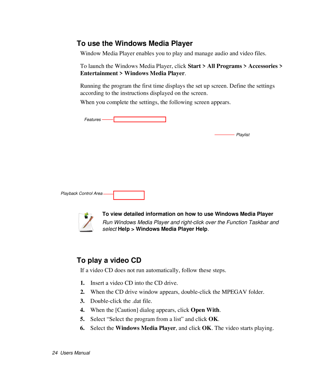 Samsung NP-Q35BC01/SEK, NP-Q35-BT1/SEK, NP-Q35C000/SEB manual To use the Windows Media Player, To play a video CD 