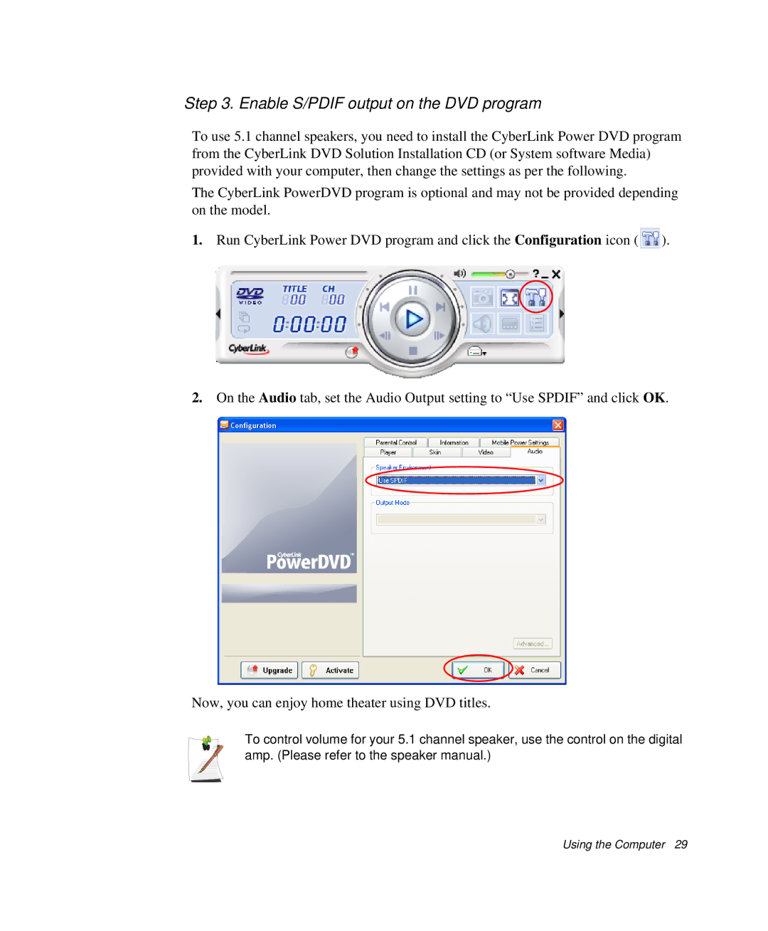 Samsung NP-Q35-BT1/SEK, NP-Q35BC01/SEK, NP-Q35C000/SEB manual Enable S/PDIF output on the DVD program 