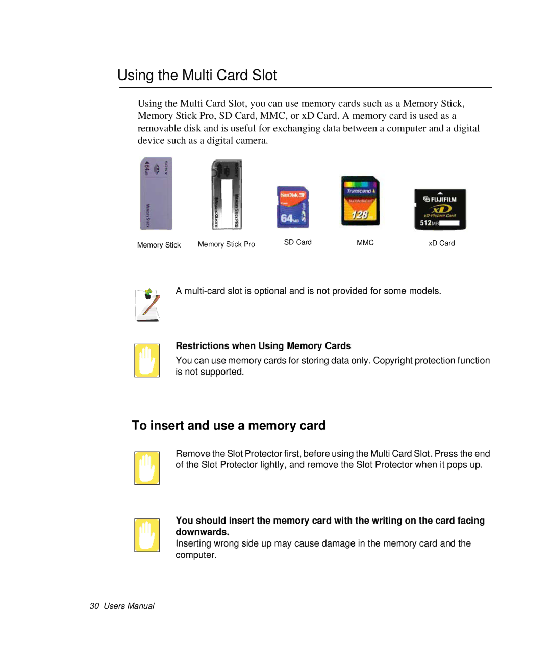 Samsung NP-Q35BC01/SEK Using the Multi Card Slot, To insert and use a memory card, Restrictions when Using Memory Cards 