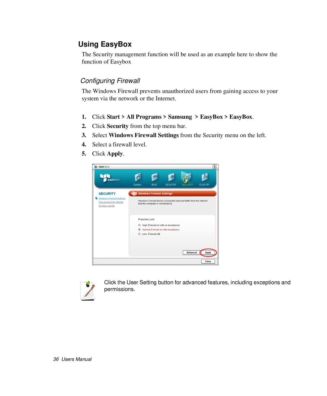 Samsung NP-Q35BC01/SEK manual Using EasyBox, Configuring Firewall, Click Start All Programs Samsung EasyBox EasyBox 