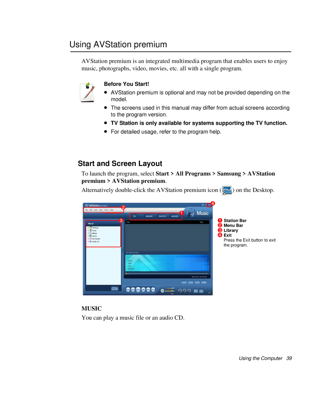 Samsung NP-Q35BC01/SEK, NP-Q35-BT1/SEK, NP-Q35C000/SEB Using AVStation premium, Start and Screen Layout, Before You Start 