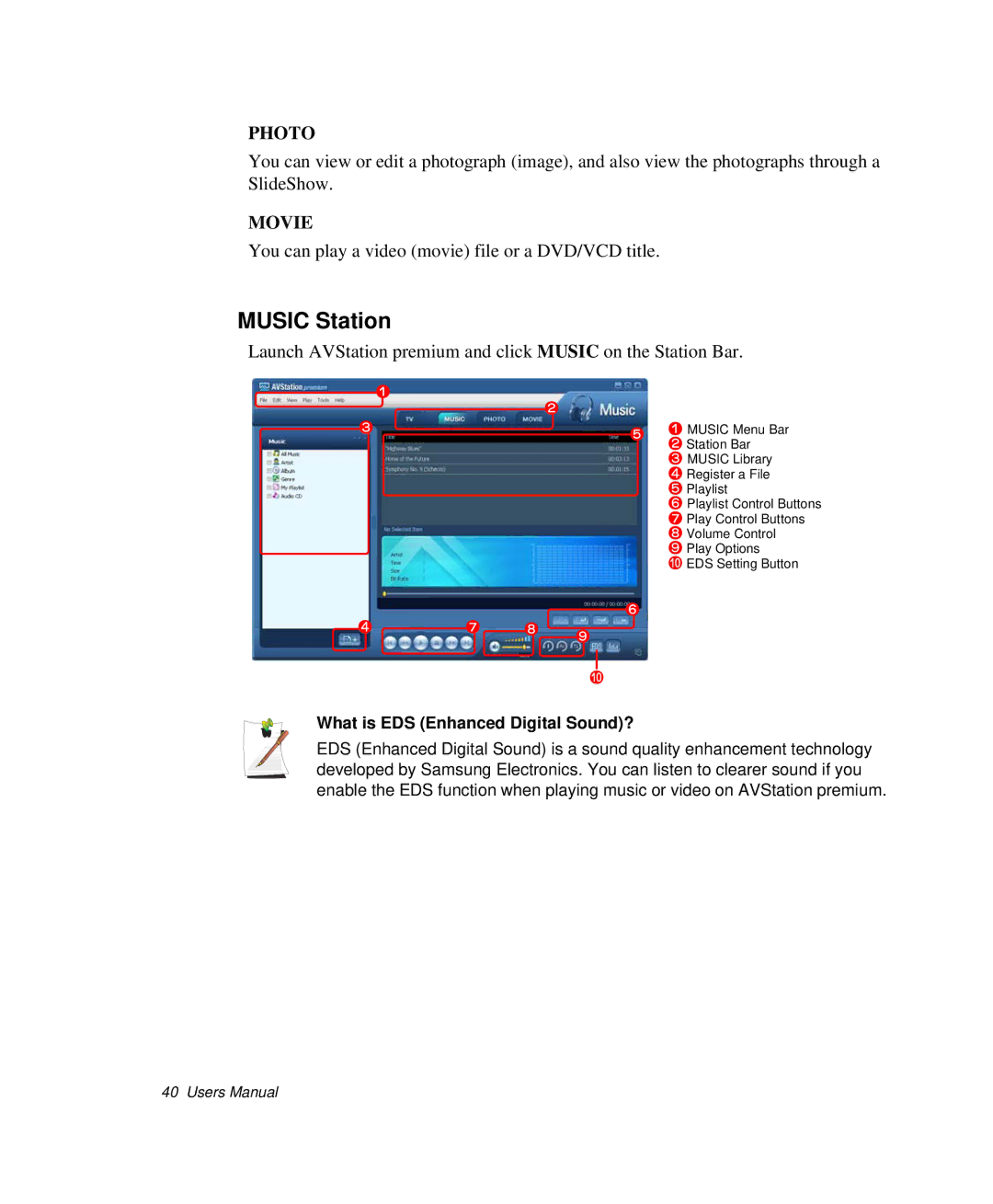 Samsung NP-Q35C000/SEB, NP-Q35-BT1/SEK, NP-Q35BC01/SEK manual Music Station, What is EDS Enhanced Digital Sound? 