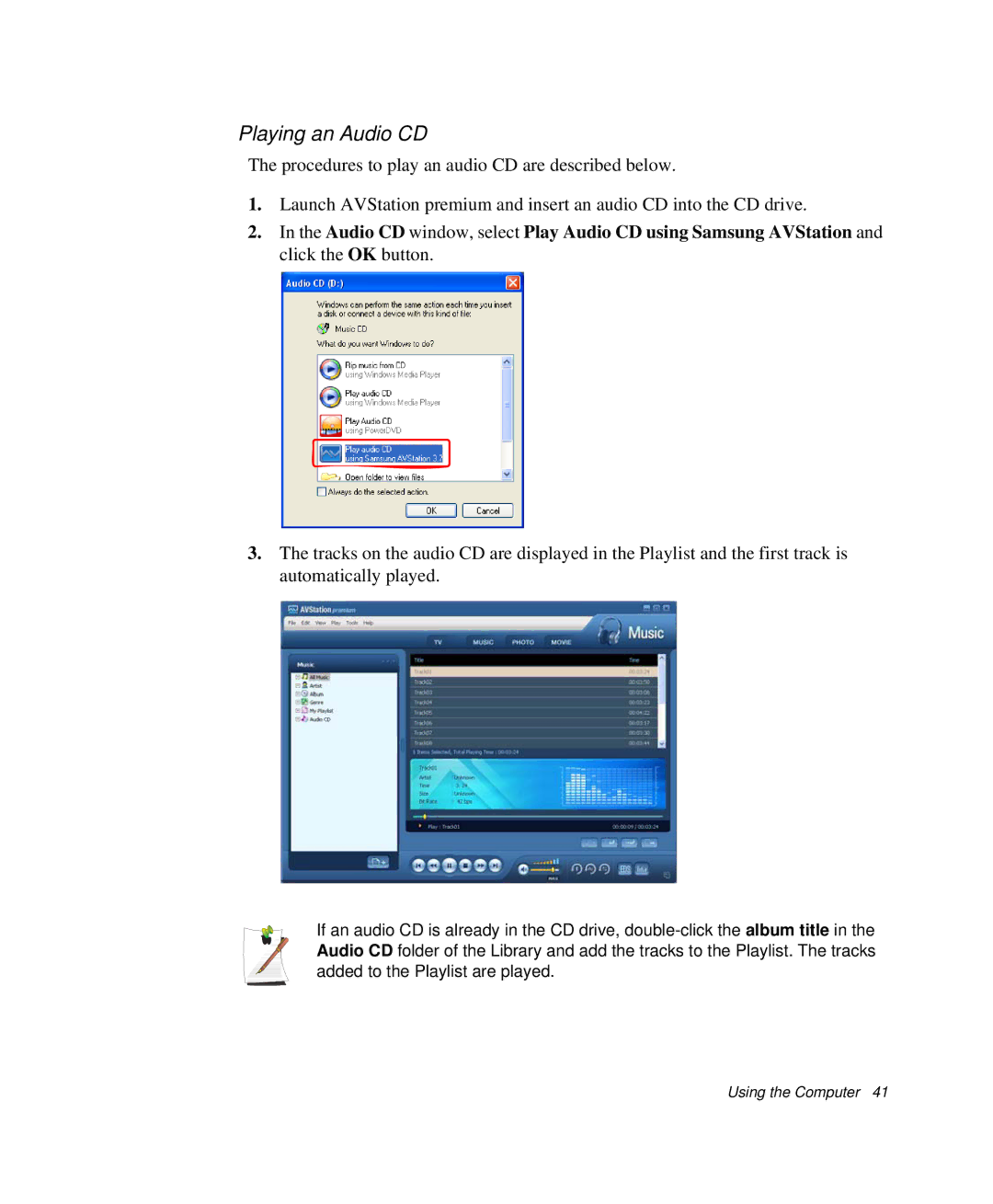 Samsung NP-Q35-BT1/SEK, NP-Q35BC01/SEK, NP-Q35C000/SEB manual Playing an Audio CD 