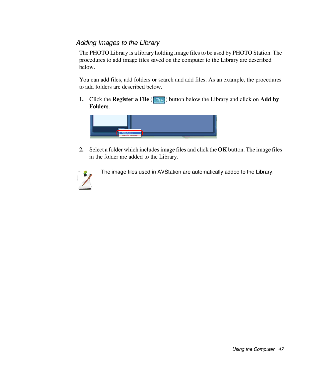 Samsung NP-Q35-BT1/SEK, NP-Q35BC01/SEK, NP-Q35C000/SEB manual Adding Images to the Library 