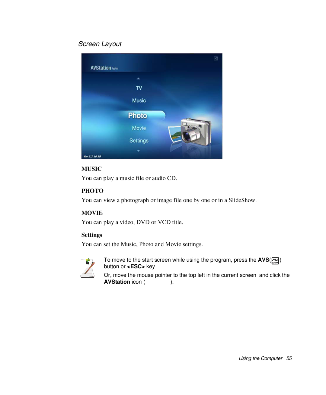 Samsung NP-Q35C000/SEB, NP-Q35-BT1/SEK, NP-Q35BC01/SEK manual Screen Layout, Settings, AVStation icon 