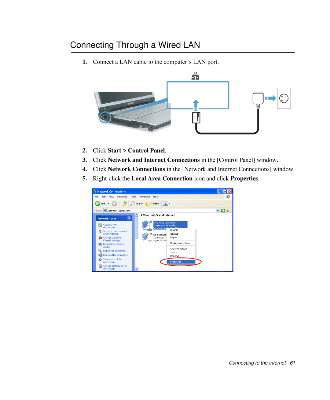 Samsung NP-Q35C000/SEB, NP-Q35-BT1/SEK, NP-Q35BC01/SEK manual Connecting Through a Wired LAN, Click Start Control Panel 