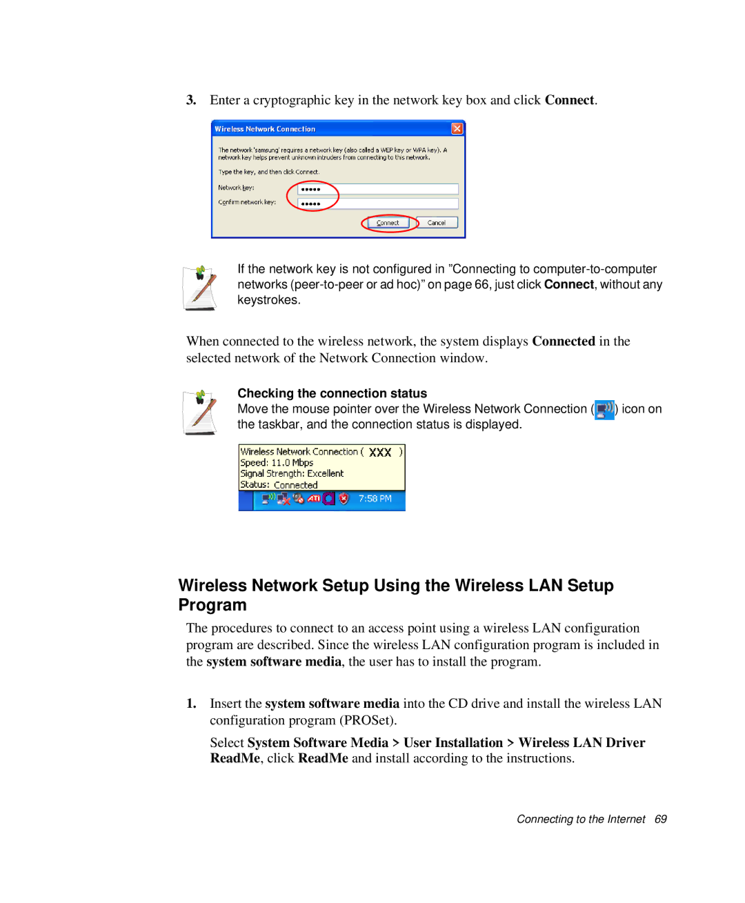 Samsung NP-Q35BC01/SEK manual Wireless Network Setup Using the Wireless LAN Setup Program, Checking the connection status 