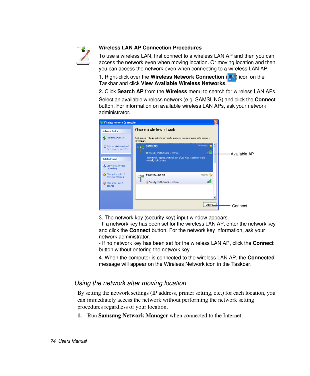 Samsung NP-Q35-BT1/SEK, NP-Q35BC01/SEK manual Using the network after moving location, Wireless LAN AP Connection Procedures 