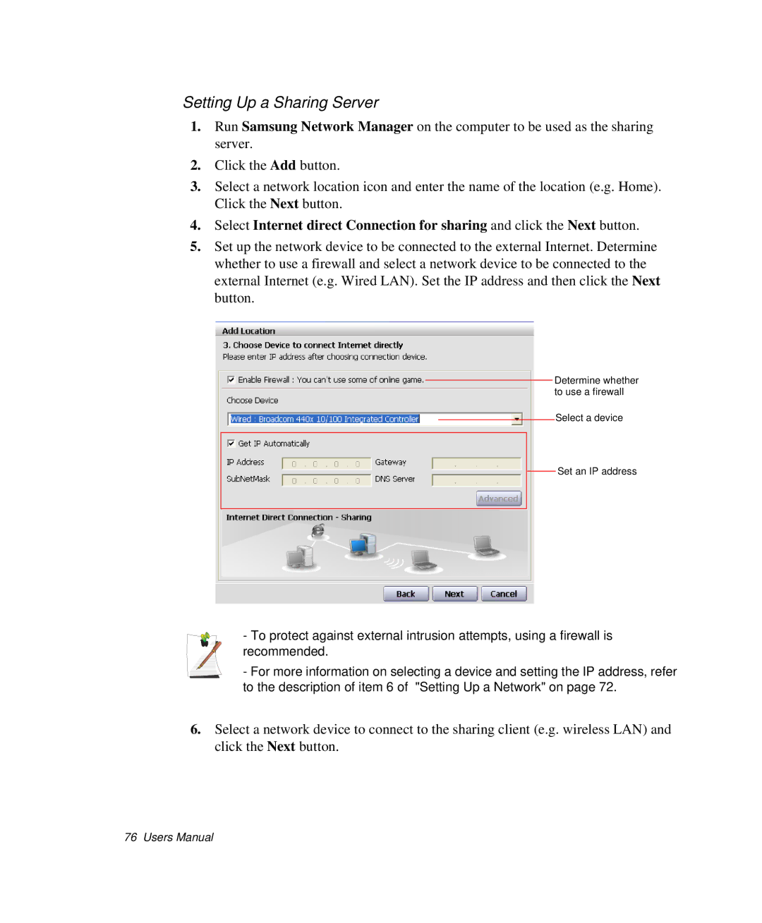 Samsung NP-Q35C000/SEB, NP-Q35-BT1/SEK, NP-Q35BC01/SEK manual Setting Up a Sharing Server 