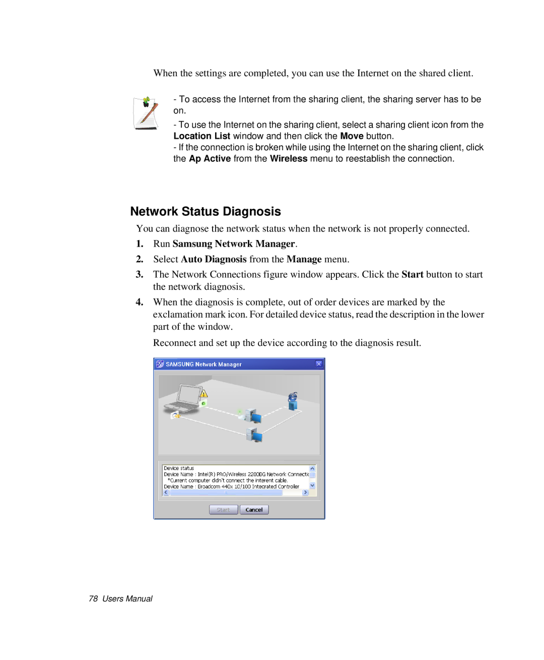 Samsung NP-Q35BC01/SEK, NP-Q35-BT1/SEK, NP-Q35C000/SEB manual Network Status Diagnosis 