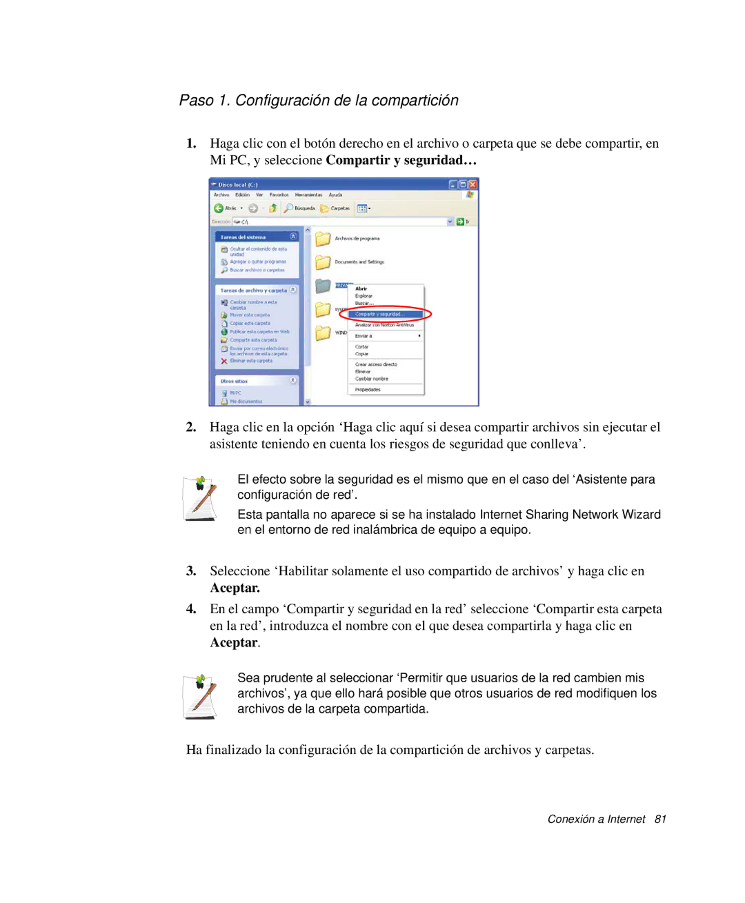 Samsung NP-Q35A000/SES, NP-Q35C005/SES, NP-Q35K000/SES, NP-Q35B000/SES Paso 1. Configuración de la compartición, Aceptar 