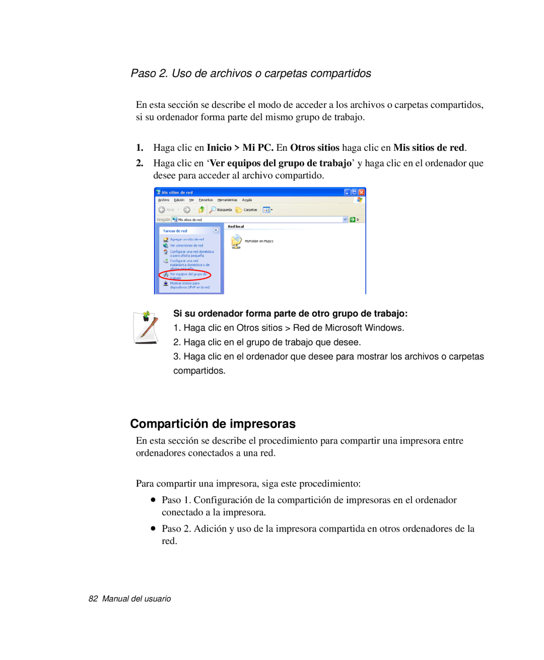 Samsung NP-Q35C005/SES, NP-Q35A000/SES manual Compartición de impresoras, Paso 2. Uso de archivos o carpetas compartidos 