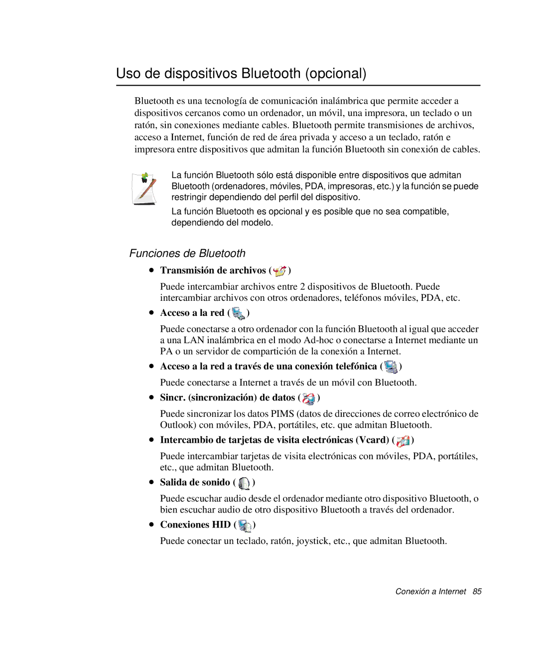 Samsung NP-Q35C006/SES, NP-Q35A000/SES, NP-Q35C005/SES manual Uso de dispositivos Bluetooth opcional, Funciones de Bluetooth 