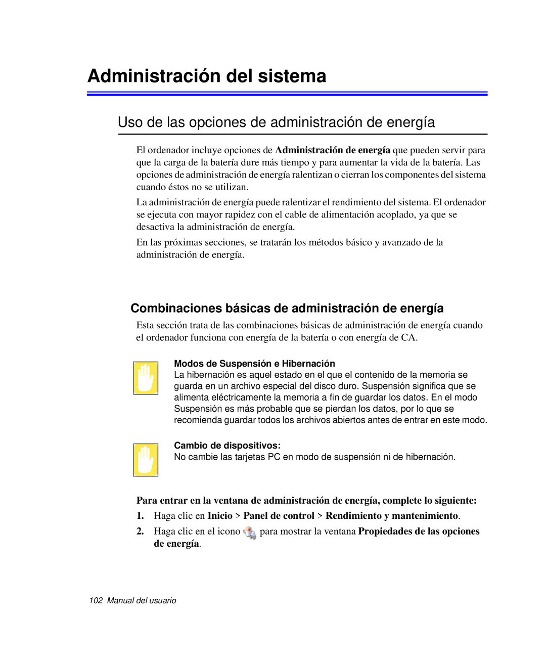 Samsung NP-Q35C005/SES, NP-Q35A000/SES manual Administración del sistema, Uso de las opciones de administración de energía 