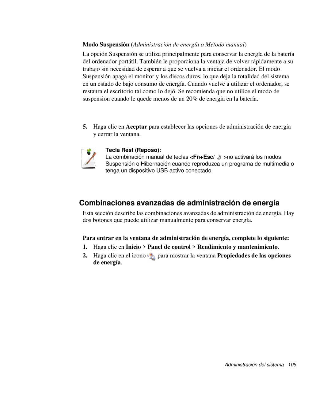 Samsung NP-Q35C006/SES, NP-Q35A000/SES manual Combinaciones avanzadas de administración de energía, Tecla Rest Reposo 