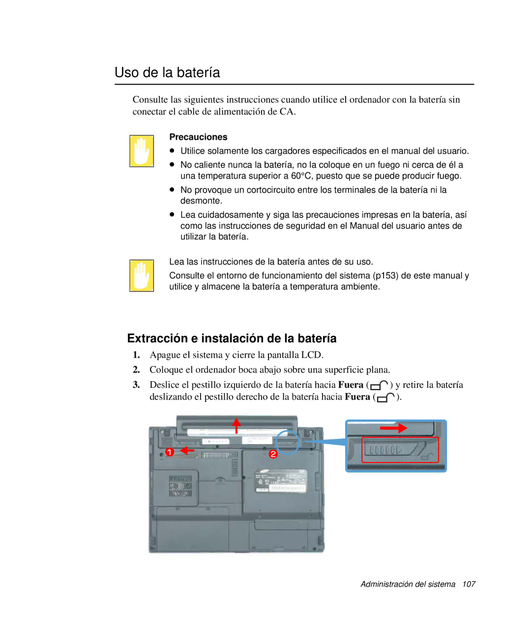 Samsung NP-Q35C003/SES, NP-Q35A000/SES manual Uso de la batería, Extracción e instalación de la batería, Precauciones 