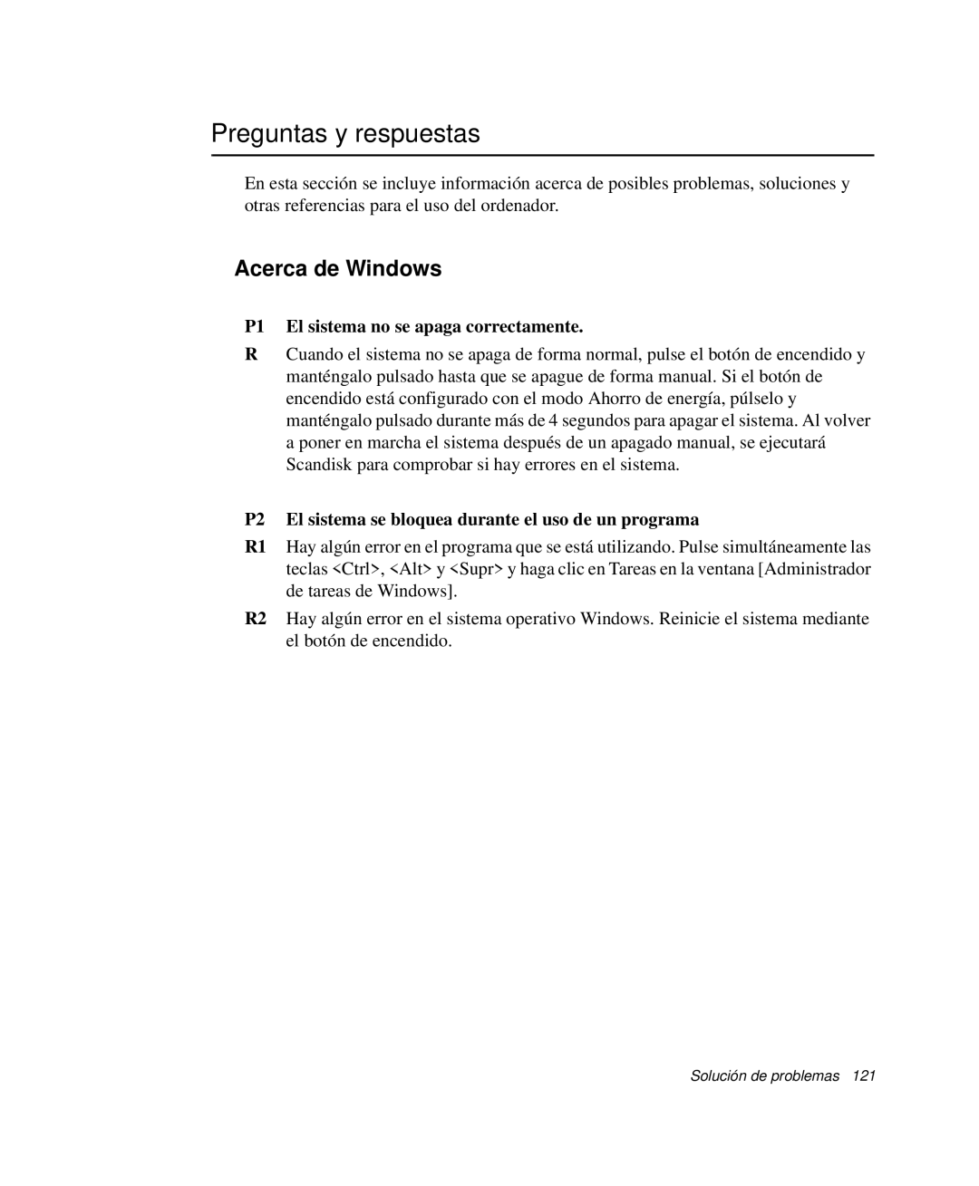 Samsung NP-Q35A000/SES, NP-Q35C005/SES Preguntas y respuestas, Acerca de Windows, P1 El sistema no se apaga correctamente 