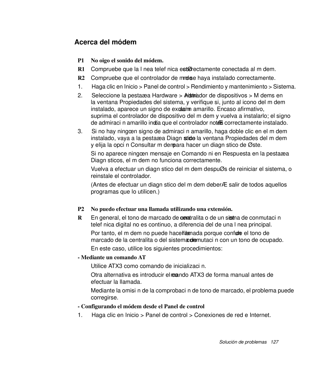 Samsung NP-Q35C003/SES, NP-Q35A000/SES manual Acerca del módem, P1 No oigo el sonido del módem, Mediante un comando AT 