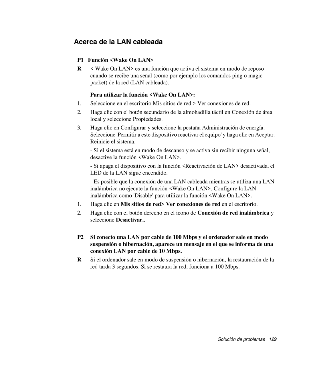 Samsung NP-Q35T000/SES manual Acerca de la LAN cableada, P1 Función Wake On LAN, Para utilizar la función Wake On LAN 