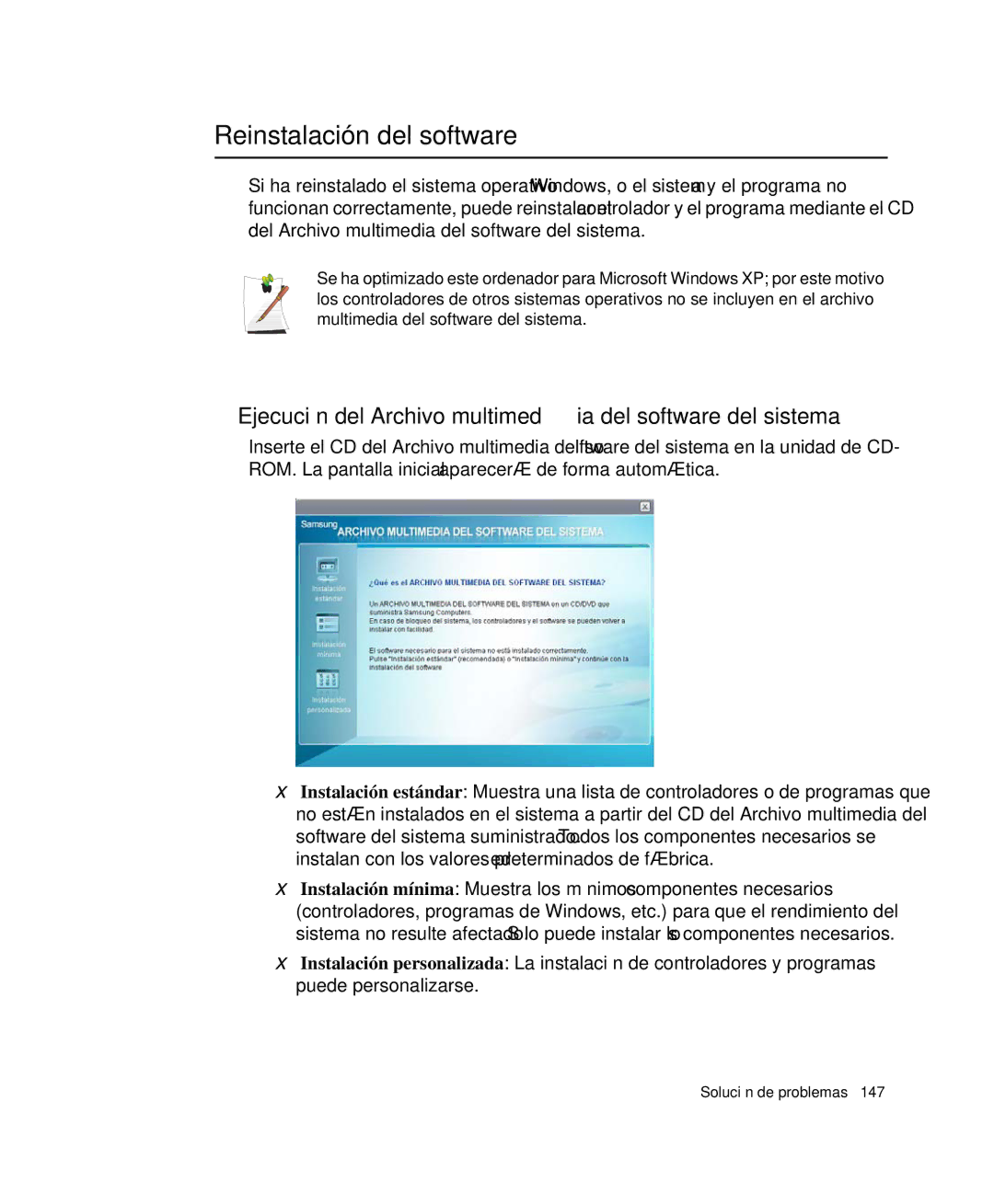 Samsung NP-Q35C003/SES manual Reinstalación del software, Ejecución del Archivo multimedia del software del sistema 
