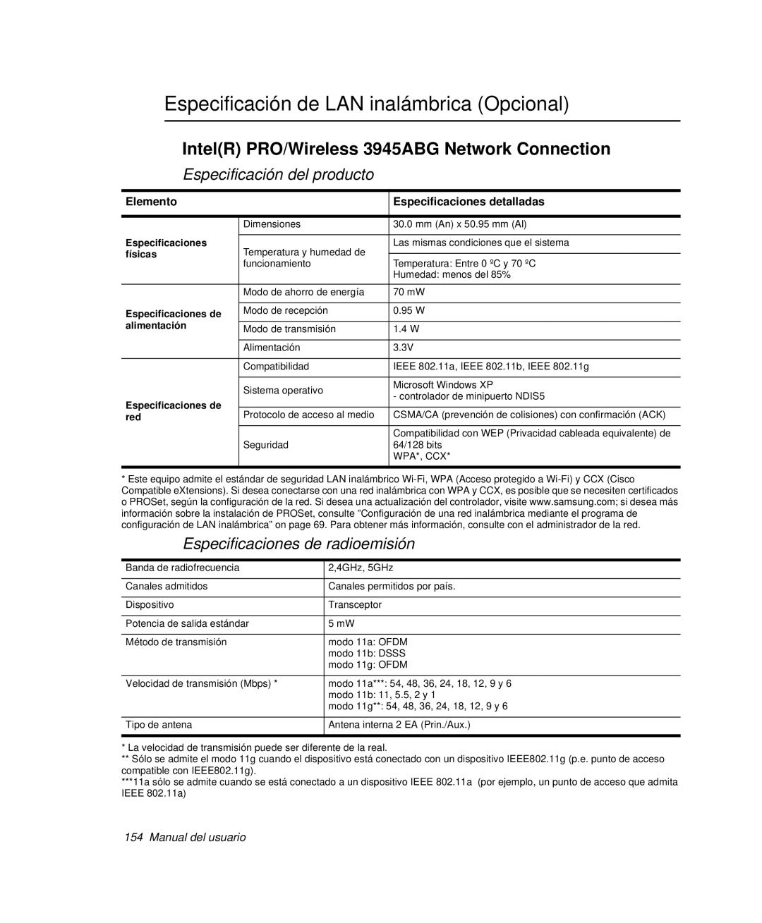 Samsung NP-Q35B000/SES manual Especificación de LAN inalámbrica Opcional, IntelR PRO/Wireless 3945ABG Network Connection 