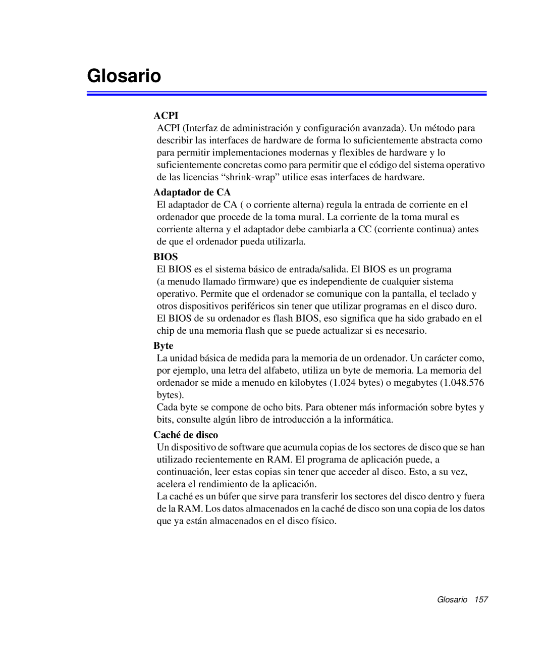 Samsung NP-Q35C003/SES, NP-Q35A000/SES, NP-Q35C005/SES, NP-Q35K000/SES manual Glosario, Adaptador de CA, Byte, Caché de disco 