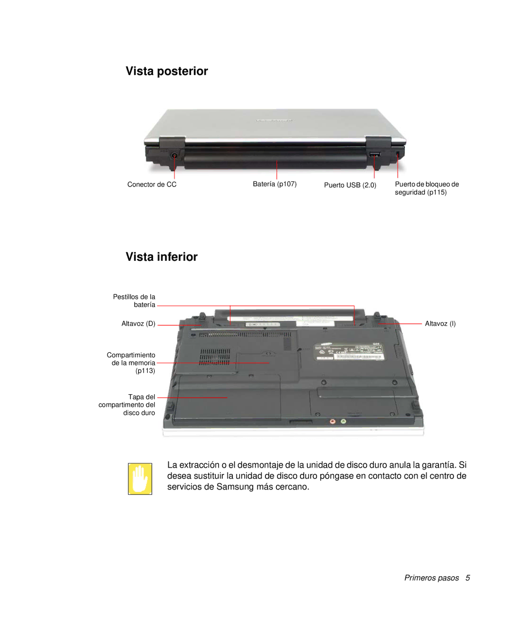 Samsung NP-Q35C006/SES, NP-Q35A000/SES, NP-Q35C005/SES, NP-Q35K000/SES, NP-Q35B000/SES manual Vista posterior, Vista inferior 