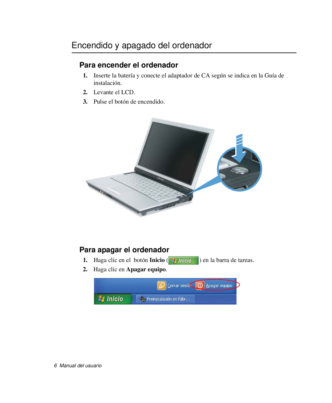 Samsung NP-Q35C002/SES manual Encendido y apagado del ordenador, Para encender el ordenador, Para apagar el ordenador 