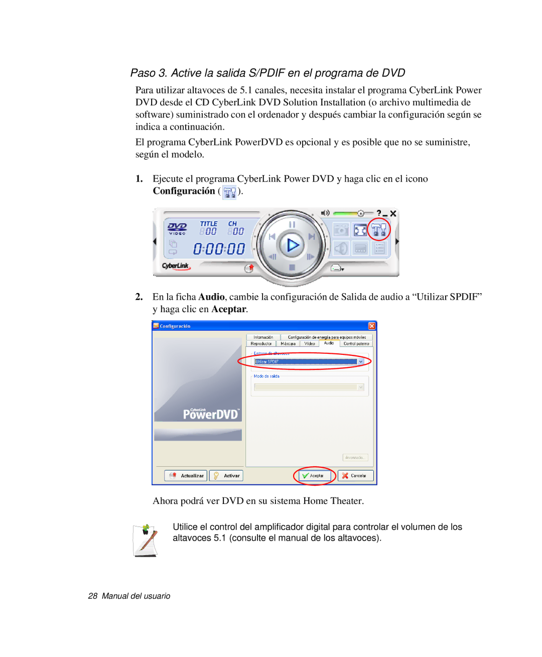 Samsung NP-Q35C004/SES, NP-Q35A000/SES, NP-Q35C005/SES, NP-Q35K000/SES Paso 3. Active la salida S/PDIF en el programa de DVD 