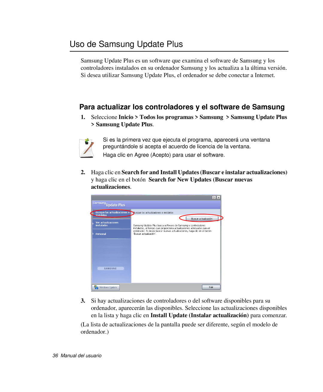 Samsung NP-Q35C002/SES manual Uso de Samsung Update Plus, Para actualizar los controladores y el software de Samsung 