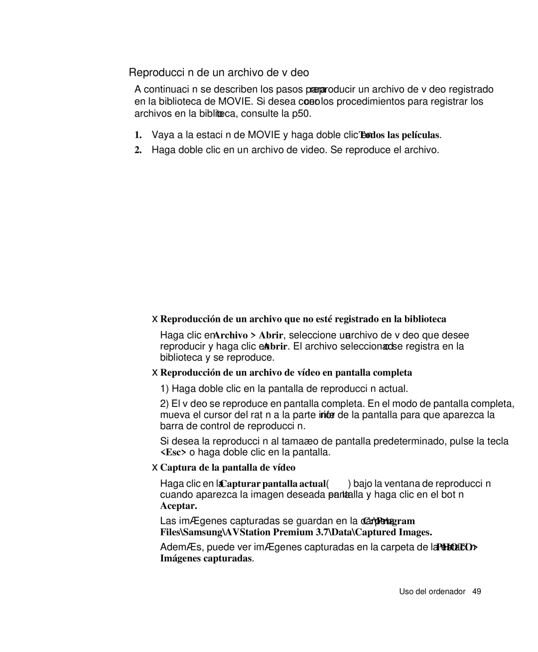 Samsung NP-Q35T000/SES manual Reproducción de un archivo de vídeo en pantalla completa, Captura de la pantalla de vídeo 