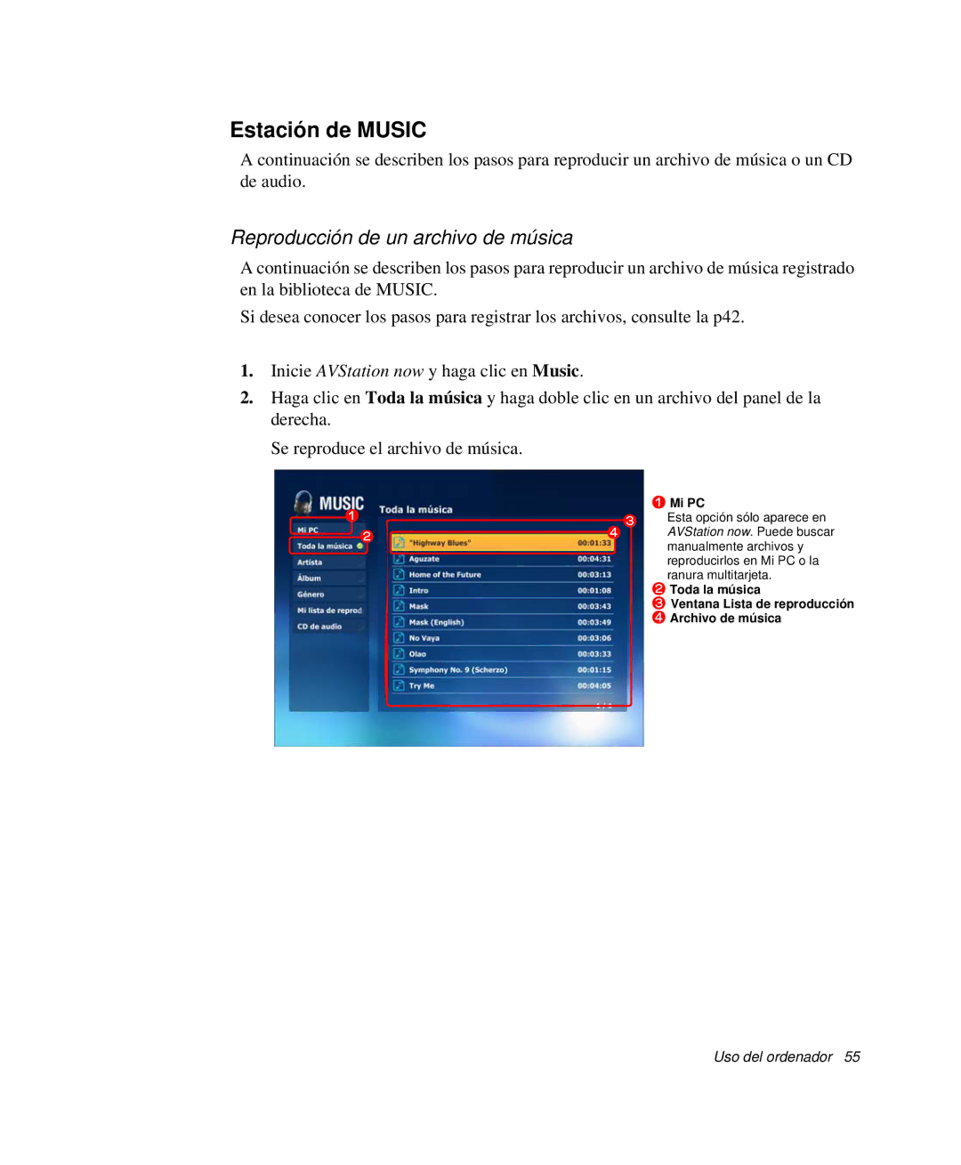 Samsung NP-Q35C006/SES, NP-Q35A000/SES, NP-Q35C005/SES, NP-Q35K000/SES, NP-Q35B000/SES, NP-Q35C002/SES manual Estación de Music 