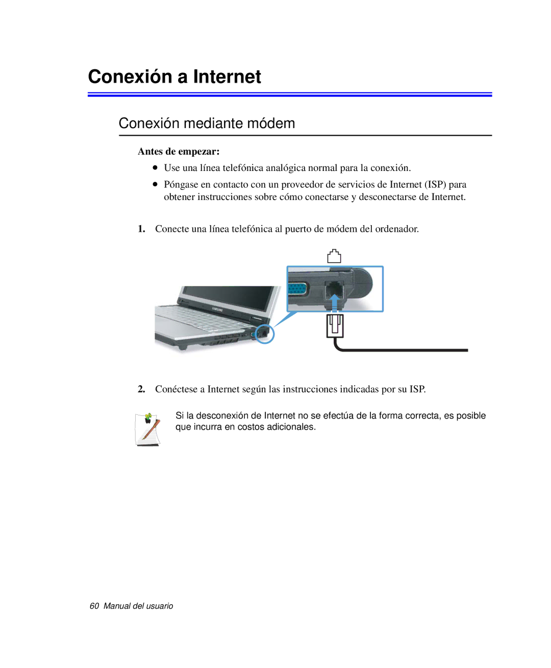 Samsung NP-Q35C001/SES, NP-Q35A000/SES, NP-Q35C005/SES manual Conexión a Internet, Conexión mediante módem, Antes de empezar 