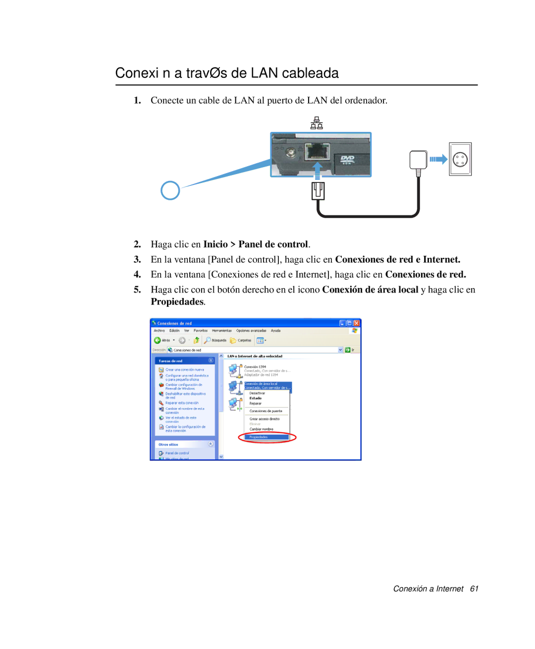 Samsung NP-Q35A000/SES, NP-Q35C005/SES manual Conexión a través de LAN cableada, Haga clic en Inicio Panel de control 