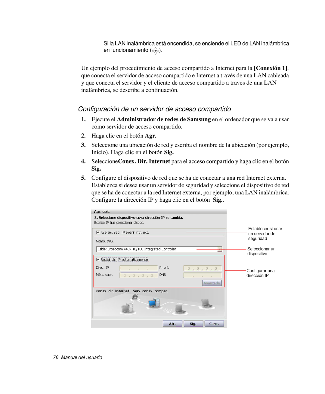 Samsung NP-Q35C002/SES, NP-Q35A000/SES, NP-Q35C005/SES manual Configuración de un servidor de acceso compartido, Sig 